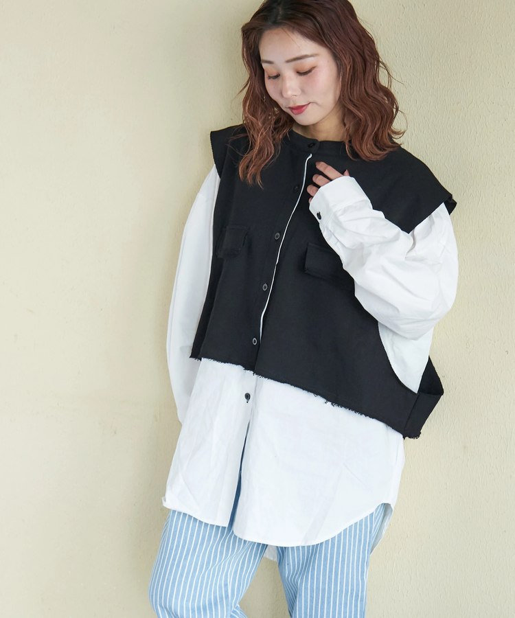 CUBE SUGAR(キューブシュガー) |【春新作】スウェット × オックス レイヤード風 ビッグシャツ