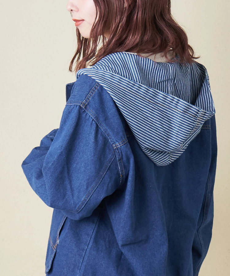 CUBE SUGAR(キューブシュガー) |【春新作8%分ポイントバック】デニム × ヒッコリー フード付 ジャケット