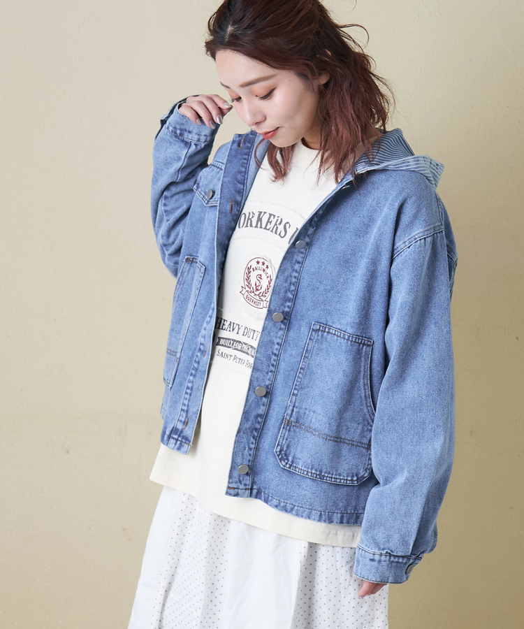 CUBE SUGAR(キューブシュガー) |【春新作8%分ポイントバック】デニム × ヒッコリー フード付 ジャケット