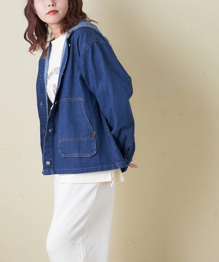 CUBE SUGAR(キューブシュガー) |【春新作8%分ポイントバック】デニム × ヒッコリー フード付 ジャケット