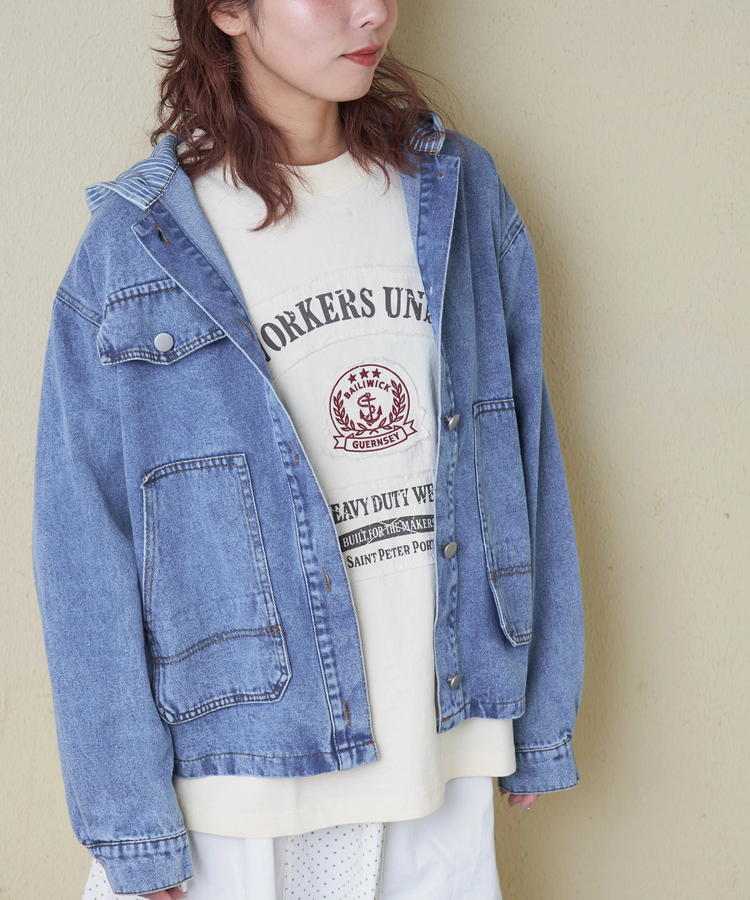 CUBE SUGAR(キューブシュガー) |【春新作8%分ポイントバック】デニム × ヒッコリー フード付 ジャケット