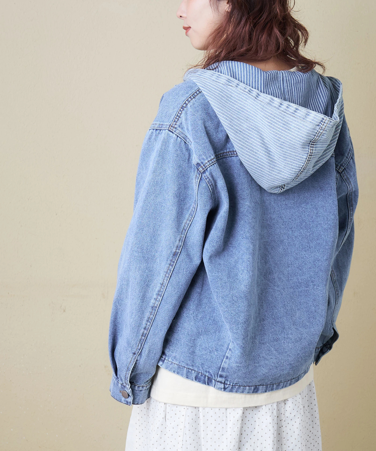 CUBE SUGAR(キューブシュガー) |【春新作8%分ポイントバック】デニム × ヒッコリー フード付 ジャケット
