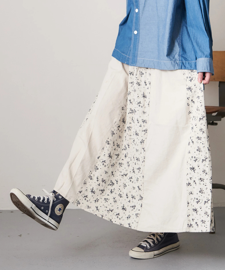 CUBE SUGAR(キューブシュガー) |【春新作8%分ポイントバック】ソフトツイル 総柄 プリント 切替 ギャザースカート