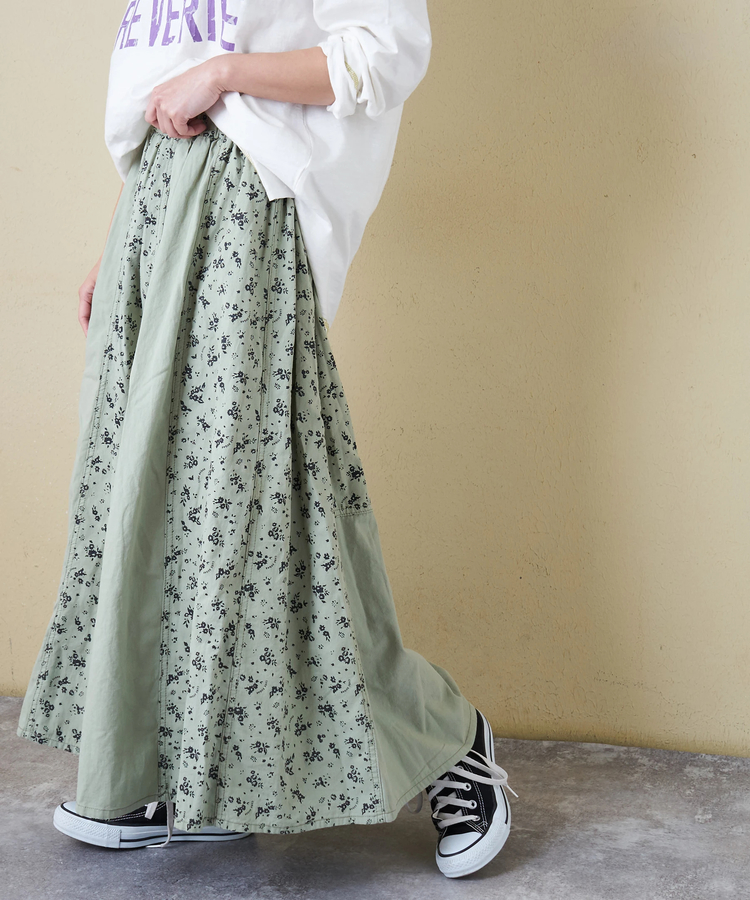 CUBE SUGAR(キューブシュガー) |【春新作8%分ポイントバック】ソフトツイル 総柄 プリント 切替 ギャザースカート