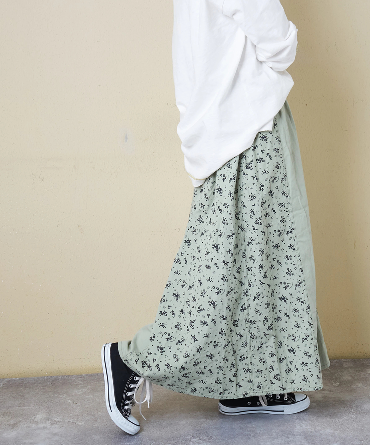 CUBE SUGAR(キューブシュガー) |【春新作8%分ポイントバック】ソフトツイル 総柄 プリント 切替 ギャザースカート