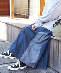 【春新作8%分ポイントバック】ライトデニム 切替 ギャザースカート