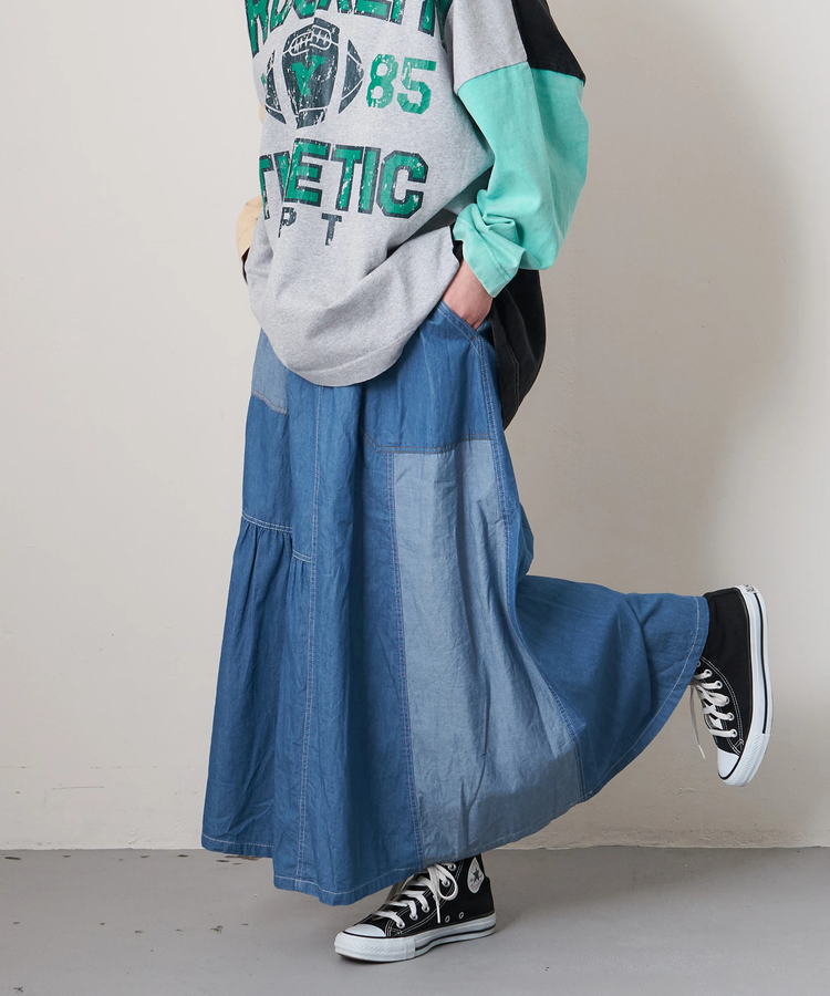 CUBE SUGAR(キューブシュガー) |【春新作8%分ポイントバック】ライトデニム 切替 ギャザースカート
