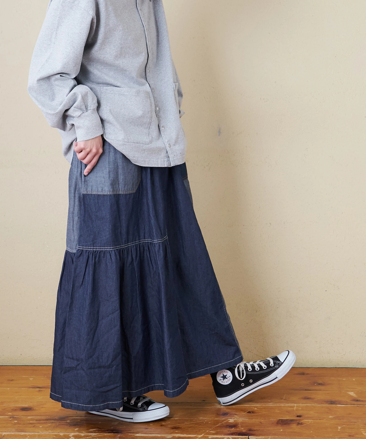 CUBE SUGAR(キューブシュガー) |【春新作8%分ポイントバック】ライトデニム 切替 ギャザースカート