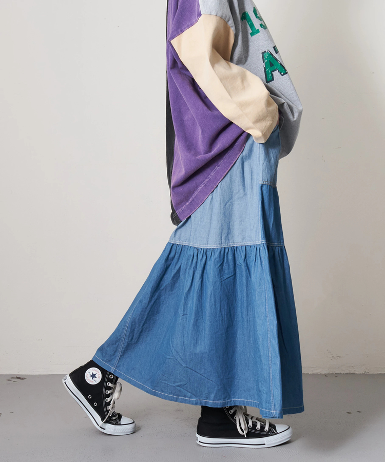 CUBE SUGAR(キューブシュガー) |【春新作8%分ポイントバック】ライトデニム 切替 ギャザースカート