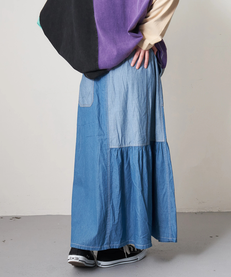 CUBE SUGAR(キューブシュガー) |【春新作8%分ポイントバック】ライトデニム 切替 ギャザースカート