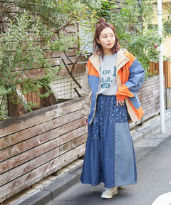 ≪インスタグラム先行公開！1/19販売予定≫【春新作8%分ポイントバック】ライトデニム 抜染プリント 切替 ギャザースカート