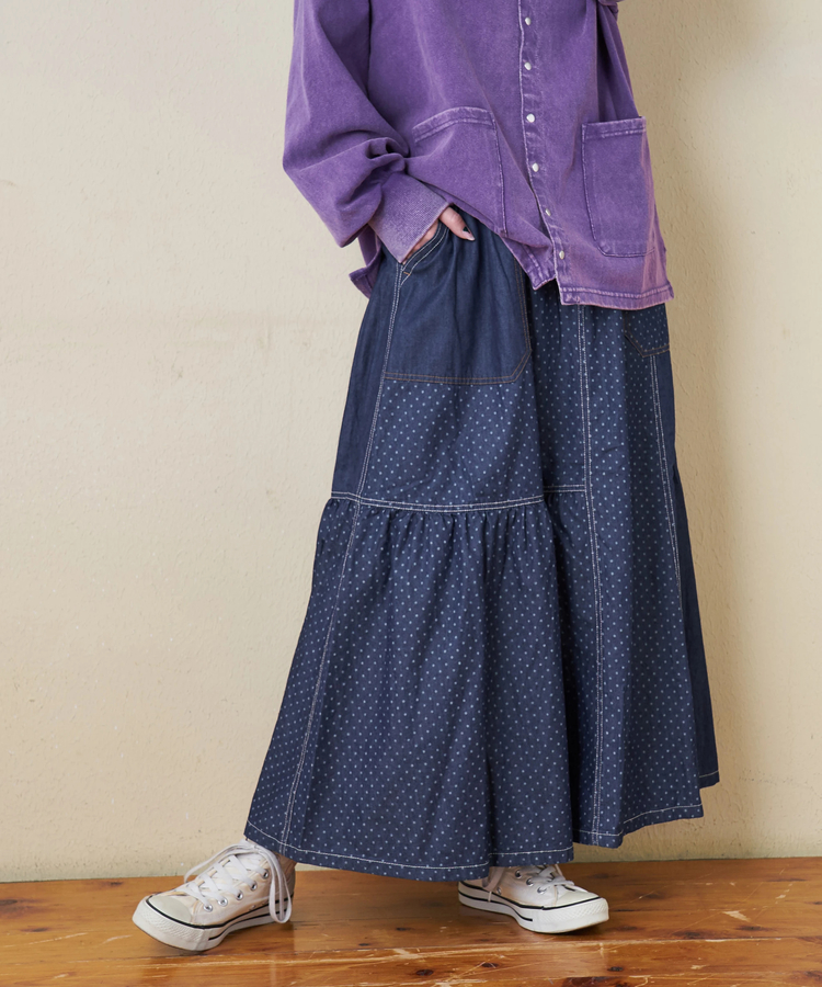 CUBE SUGAR(キューブシュガー) |≪インスタグラム先行公開！1/19販売予定≫【春新作8%分ポイントバック】ライトデニム 抜染プリント 切替 ギャザースカート