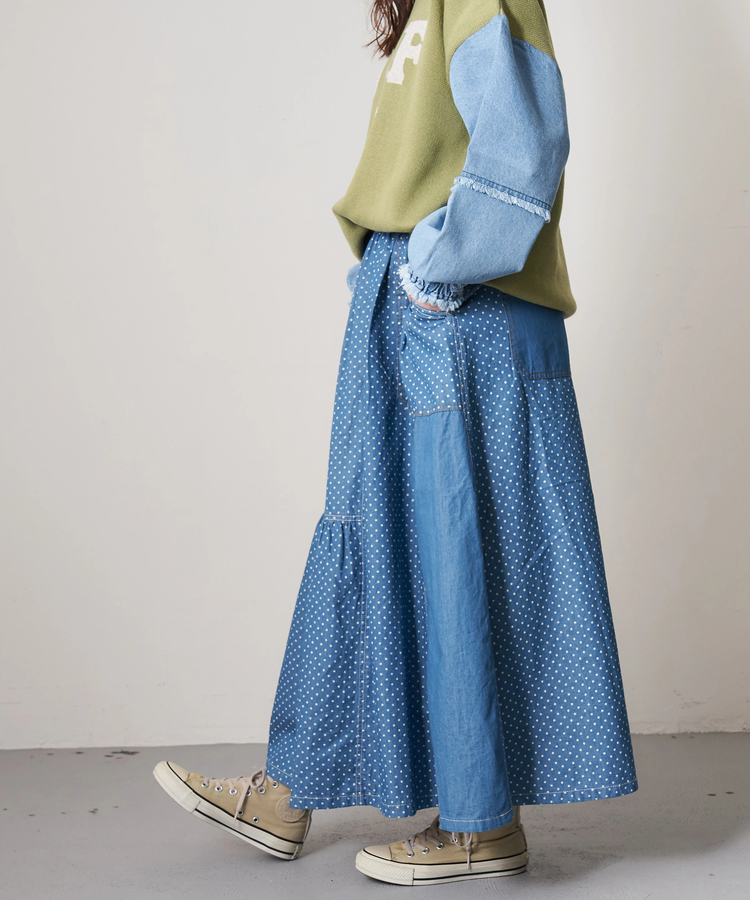 CUBE SUGAR(キューブシュガー) |≪インスタグラム先行公開！1/19販売予定≫【春新作8%分ポイントバック】ライトデニム 抜染プリント 切替 ギャザースカート