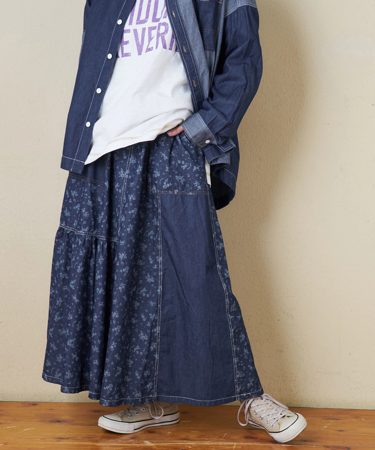 CUBE SUGAR(キューブシュガー) |≪インスタグラム先行公開！1/19販売予定≫【春新作8%分ポイントバック】ライトデニム 抜染プリント 切替 ギャザースカート