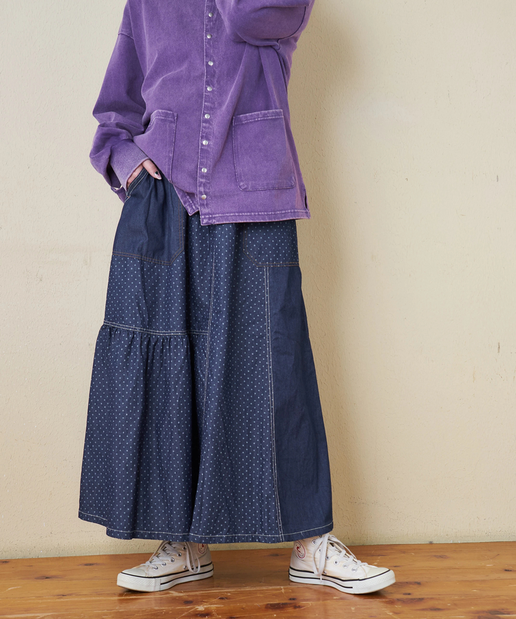 CUBE SUGAR(キューブシュガー) |≪インスタグラム先行公開！1/19販売予定≫【春新作8%分ポイントバック】ライトデニム 抜染プリント 切替 ギャザースカート