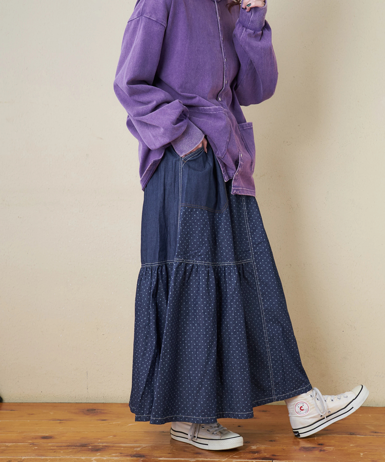 CUBE SUGAR(キューブシュガー) |≪インスタグラム先行公開！1/19販売予定≫【春新作8%分ポイントバック】ライトデニム 抜染プリント 切替 ギャザースカート