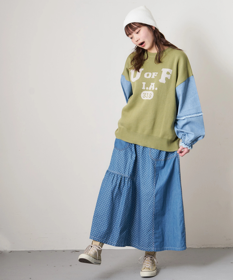 CUBE SUGAR(キューブシュガー) |≪インスタグラム先行公開！1/19販売予定≫【春新作8%分ポイントバック】ライトデニム 抜染プリント 切替 ギャザースカート