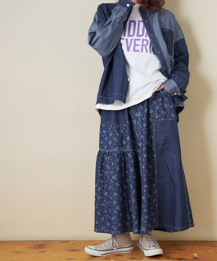 CUBE SUGAR(キューブシュガー) |≪インスタグラム先行公開！1/19販売予定≫【春新作8%分ポイントバック】ライトデニム 抜染プリント 切替 ギャザースカート