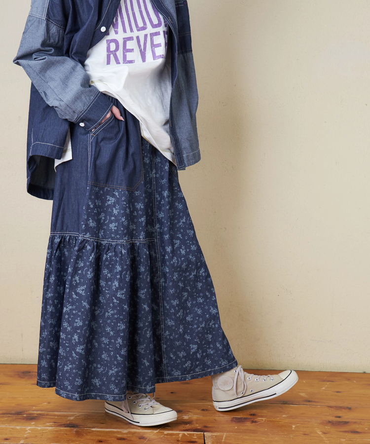 CUBE SUGAR(キューブシュガー) |≪インスタグラム先行公開！1/19販売予定≫【春新作8%分ポイントバック】ライトデニム 抜染プリント 切替 ギャザースカート