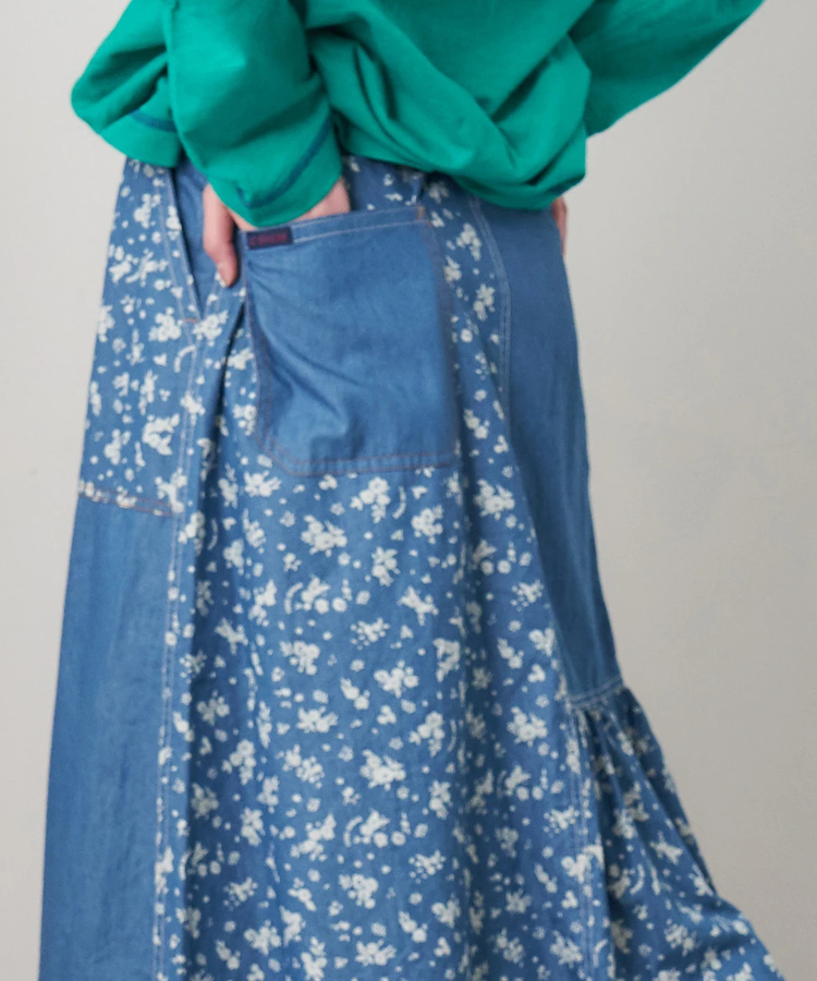 CUBE SUGAR(キューブシュガー) |≪インスタグラム先行公開！1/19販売予定≫【春新作8%分ポイントバック】ライトデニム 抜染プリント 切替 ギャザースカート