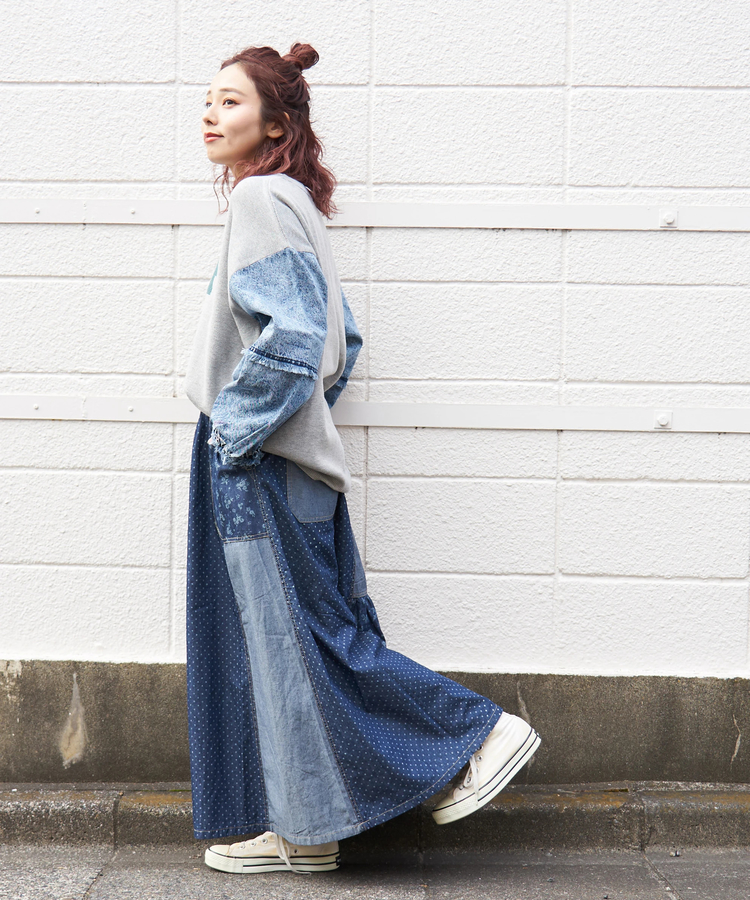 CUBE SUGAR(キューブシュガー) |≪インスタグラム先行公開！1/19販売予定≫【春新作8%分ポイントバック】ライトデニム 抜染プリント 切替 ギャザースカート
