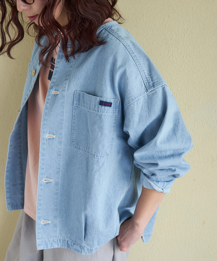 CUBE SUGAR(キューブシュガー) |【春新作】8.5オンス デニム ノーカラー バルーン ジャケット