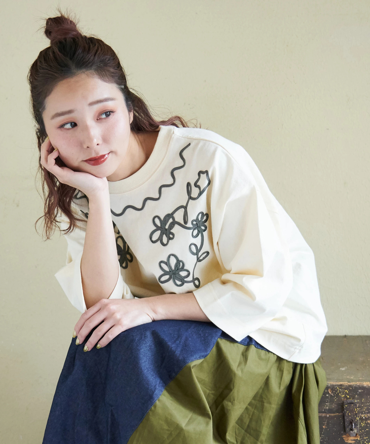 CUBE SUGAR(キューブシュガー) |【春新作8%分ポイントバック】16/-OE天竺 コード刺繍 7分袖 プルオーバー