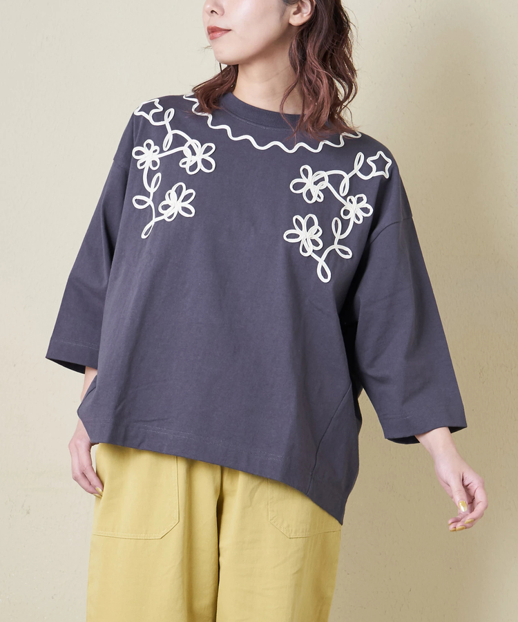 CUBE SUGAR(キューブシュガー) |【春新作8%分ポイントバック】16/-OE天竺 コード刺繍 7分袖 プルオーバー