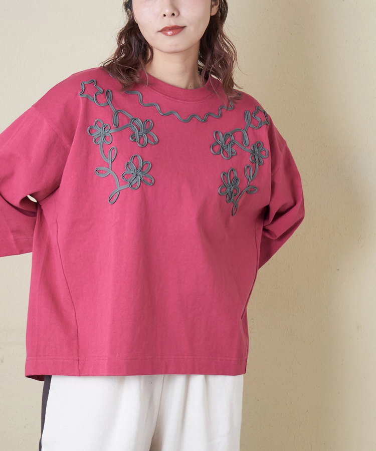 CUBE SUGAR(キューブシュガー) |【春新作8%分ポイントバック】16/-OE天竺 コード刺繍 7分袖 プルオーバー