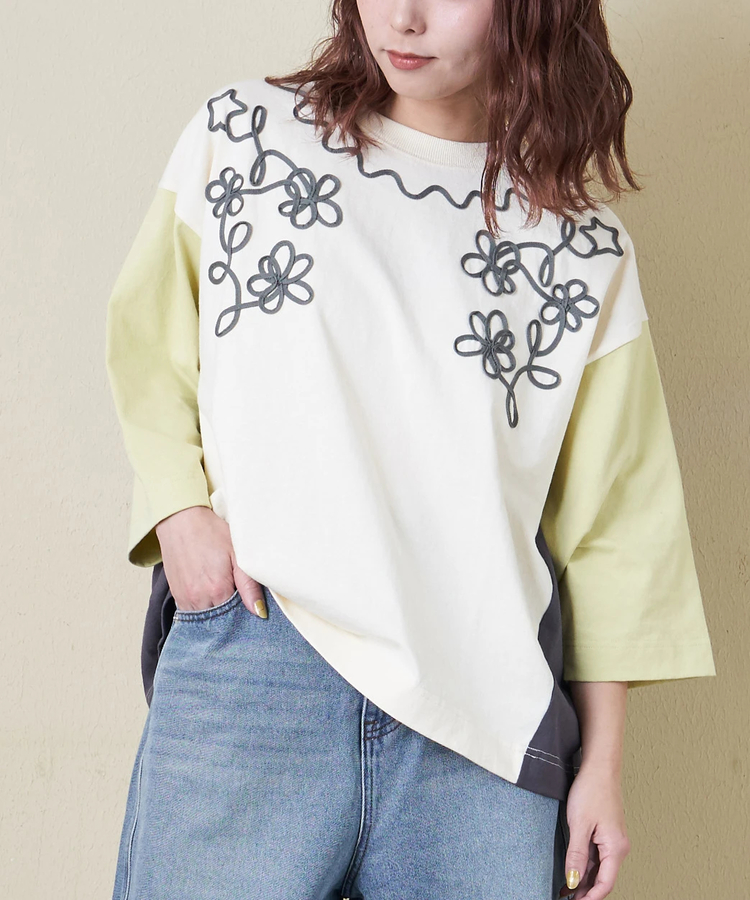 CUBE SUGAR(キューブシュガー) |【春新作8%分ポイントバック】16/-OE天竺 コード刺繍 7分袖 プルオーバー