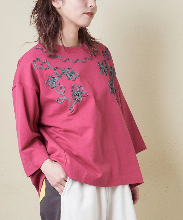 CUBE SUGAR(キューブシュガー) |【春新作8%分ポイントバック】16/-OE天竺 コード刺繍 7分袖 プルオーバー