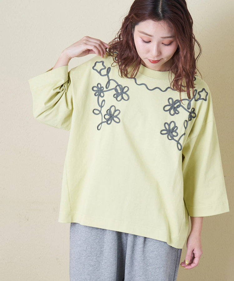 CUBE SUGAR(キューブシュガー) |【春新作8%分ポイントバック】16/-OE天竺 コード刺繍 7分袖 プルオーバー