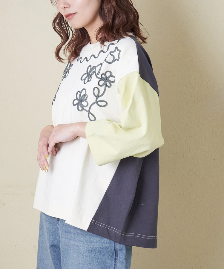 CUBE SUGAR(キューブシュガー) |【春新作8%分ポイントバック】16/-OE天竺 コード刺繍 7分袖 プルオーバー