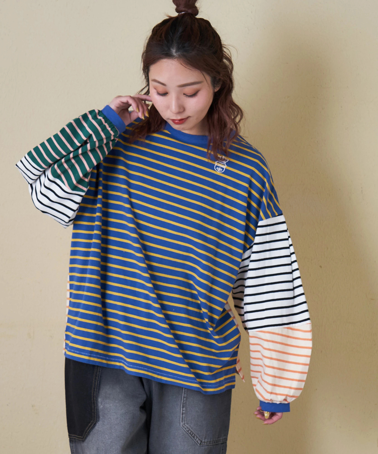 CUBE SUGAR(キューブシュガー) |【春新作8%分ポイントバック】21/-天竺 ランタンスリーブ ボーダー プルオーバー