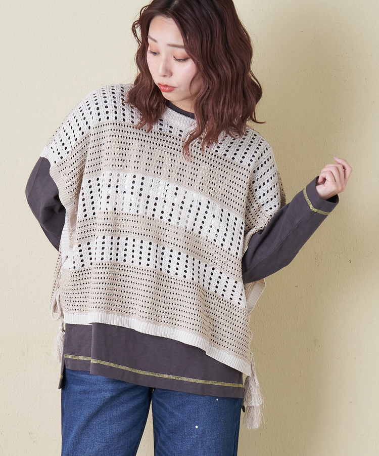 CUBE SUGAR(キューブシュガー) |【春新作8%分ポイントバック】麻タッチ ニット 前後2way ケーブル ベスト