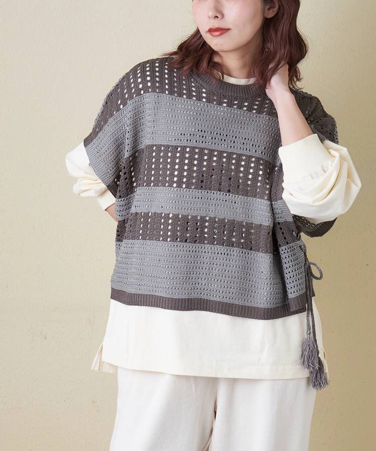 CUBE SUGAR(キューブシュガー) |【春新作8%分ポイントバック】麻タッチ ニット 前後2way ケーブル ベスト