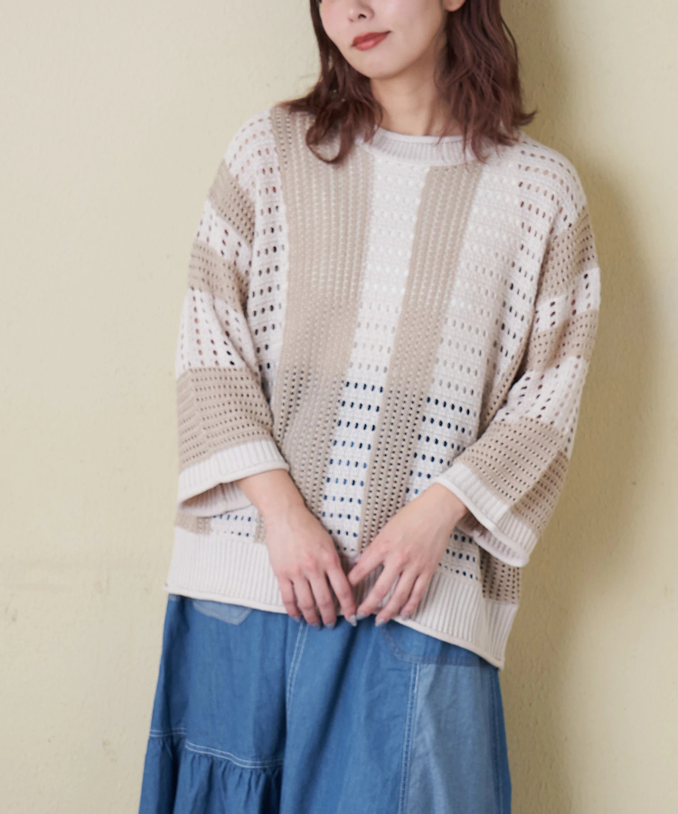 CUBE SUGAR(キューブシュガー) |【春新作8%分ポイントバック】麻タッチ ニット ライン プルオーバー