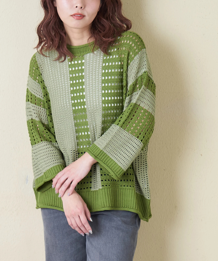 CUBE SUGAR(キューブシュガー) |【春新作8%分ポイントバック】麻タッチ ニット ライン プルオーバー