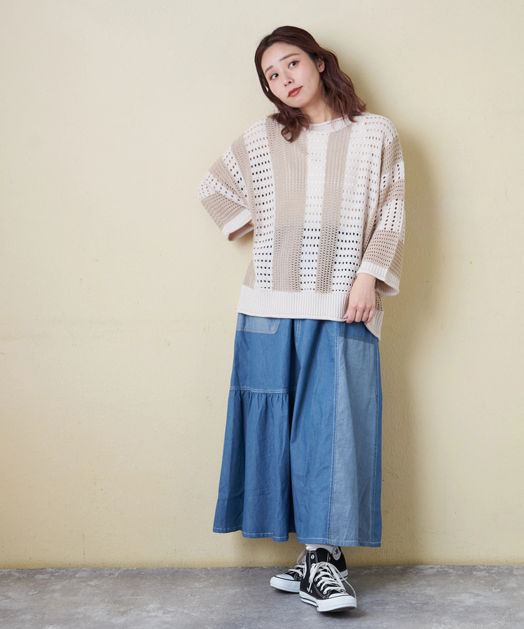 CUBE SUGAR(キューブシュガー) |【春新作8%分ポイントバック】麻タッチ ニット ライン プルオーバー