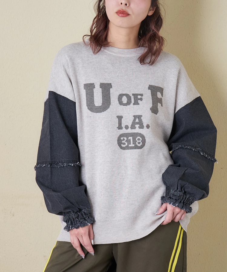 CUBE SUGAR(キューブシュガー) |【春新作8%分ポイントバック】ジャガード ニット × デニム 切替 長袖 プルオーバー