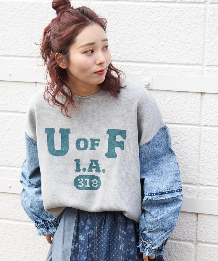 CUBE SUGAR(キューブシュガー) |【春新作8%分ポイントバック】ジャガード ニット × デニム 切替 長袖 プルオーバー