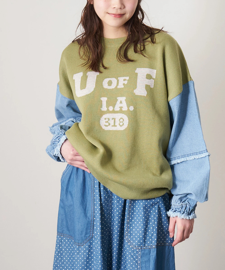 CUBE SUGAR(キューブシュガー) |【春新作8%分ポイントバック】ジャガード ニット × デニム 切替 長袖 プルオーバー