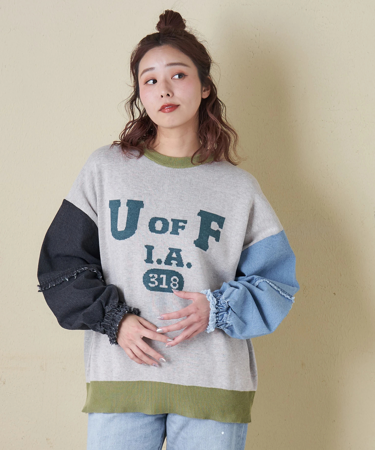 CUBE SUGAR(キューブシュガー) |【春新作8%分ポイントバック】ジャガード ニット × デニム 切替 長袖 プルオーバー