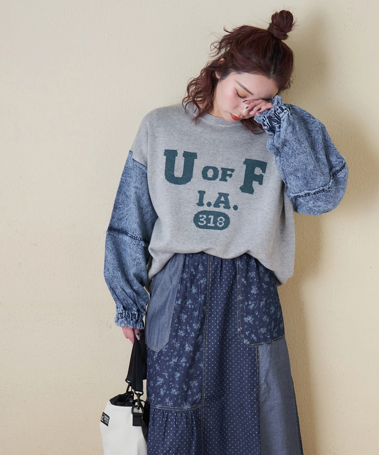 CUBE SUGAR(キューブシュガー) |【春新作8%分ポイントバック】ジャガード ニット × デニム 切替 長袖 プルオーバー