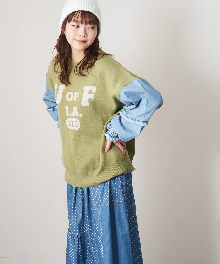 CUBE SUGAR(キューブシュガー) |【春新作8%分ポイントバック】ジャガード ニット × デニム 切替 長袖 プルオーバー