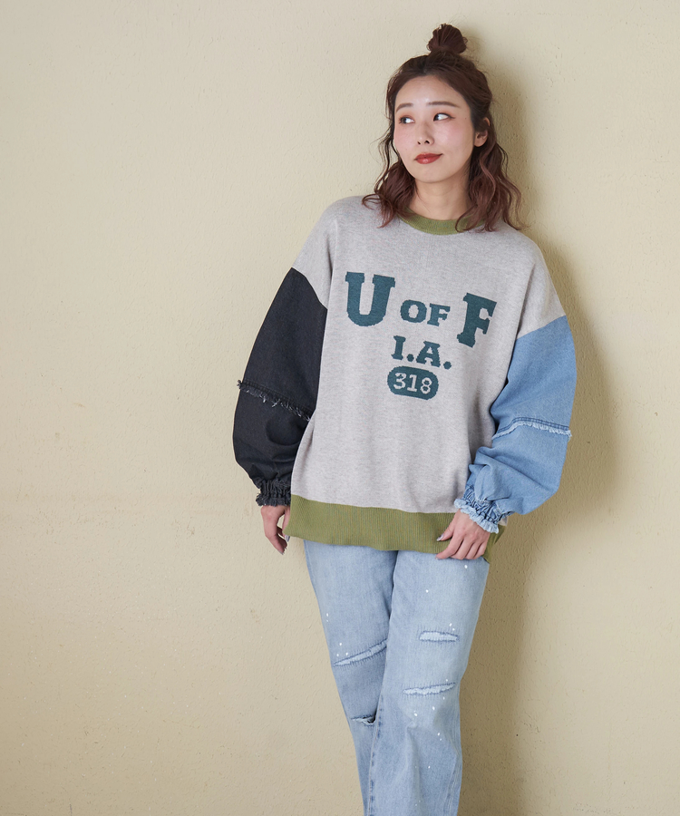 CUBE SUGAR(キューブシュガー) |【春新作8%分ポイントバック】ジャガード ニット × デニム 切替 長袖 プルオーバー