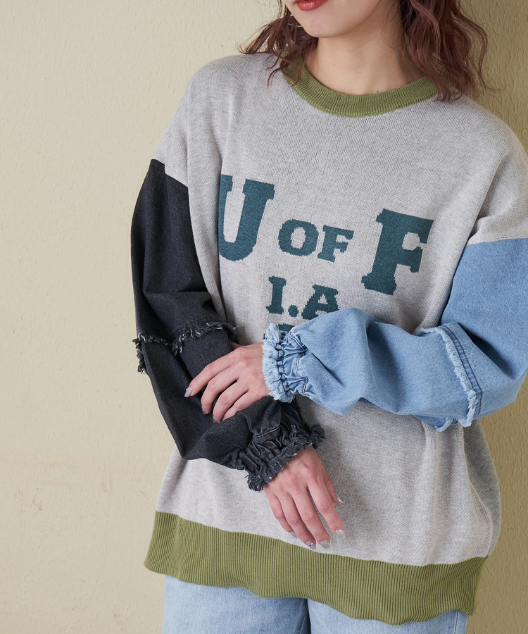 CUBE SUGAR(キューブシュガー) |【春新作8%分ポイントバック】ジャガード ニット × デニム 切替 長袖 プルオーバー