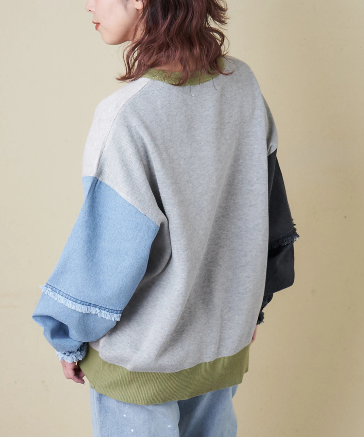 CUBE SUGAR(キューブシュガー) |【春新作8%分ポイントバック】ジャガード ニット × デニム 切替 長袖 プルオーバー