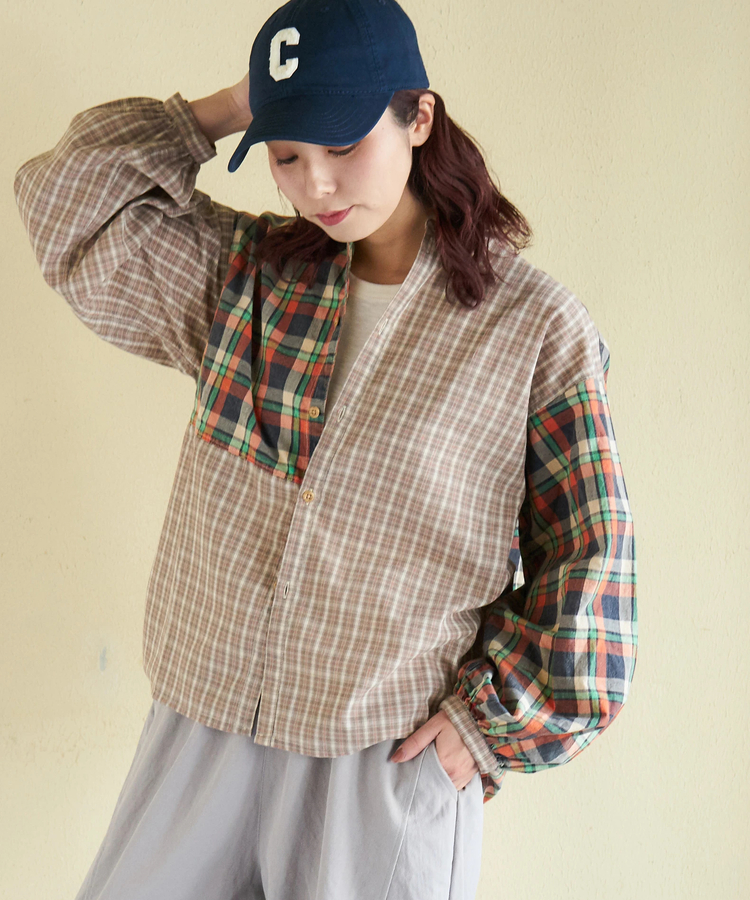 CUBE SUGAR(キューブシュガー) |【春新作】先染めチェック 組合せ アシッド加工 ギャザー バルーン シャツ