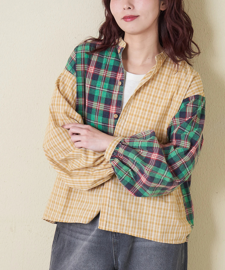 CUBE SUGAR(キューブシュガー) |【春新作】先染めチェック 組合せ アシッド加工 ギャザー バルーン シャツ